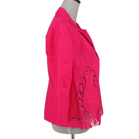Chicos Jacket 0 Womens 4 Small Linen Pink Embroidered Cut Outs Open Lightweight - Picture 5 of 16